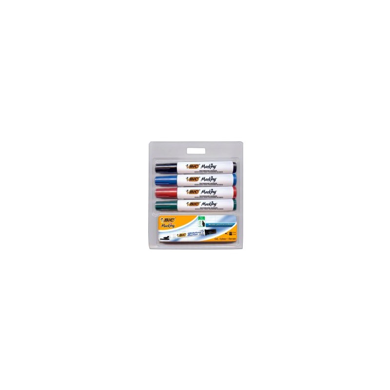 Marcador para Pintarrón Bic Bl/4 + Borrador, Punta Cincel